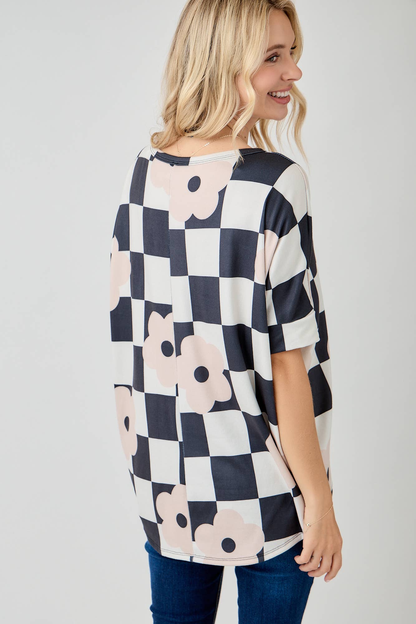 Celeste Clothing - Wholesale Tunic - Women's - WOMEN'S PLUS SIZE CHECKERED FLORAL TOP WITH HIGH-LOW HEM  
10