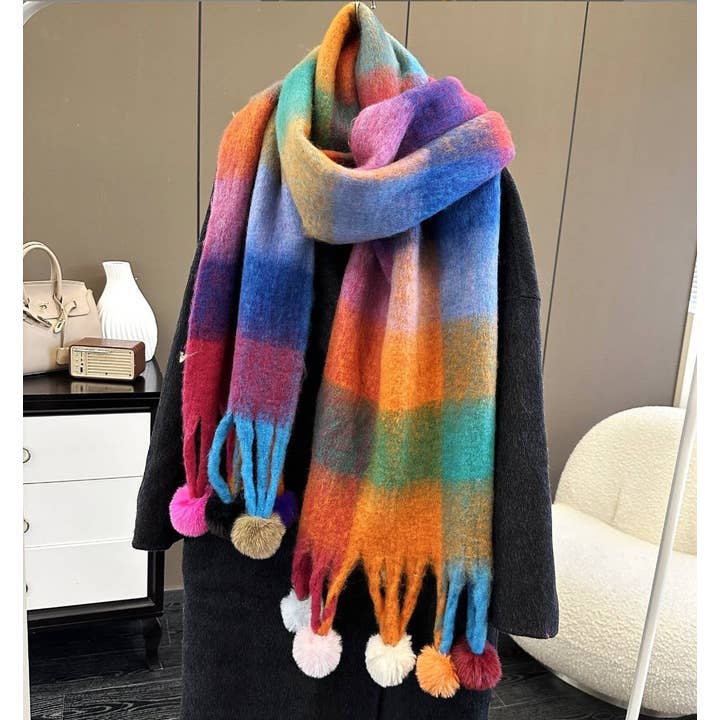 JC Sunny Fashion - Vente Écharpe – femme - Écharpe colorée à carreaux avec pompons duveteux2