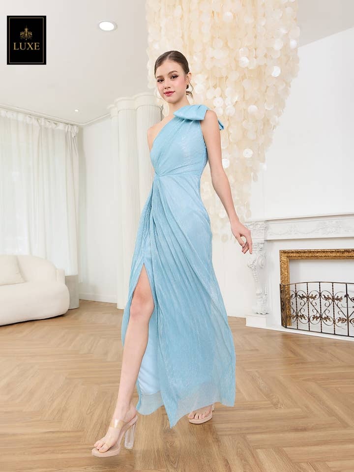 One Shoulder Bow Tie Metallic Maxi Dress for wholesale by AlexyDesings