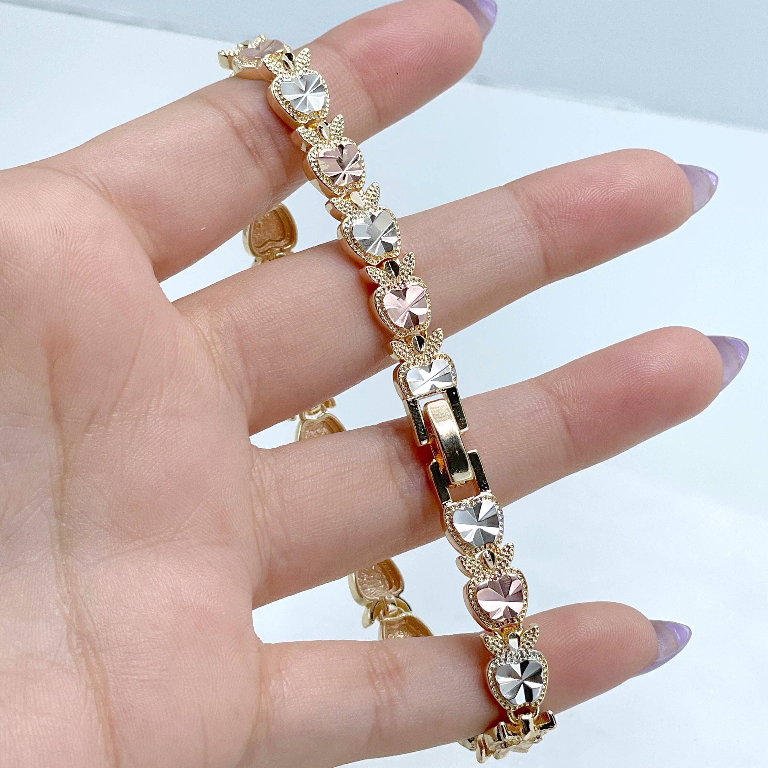 DIJU Jewelry - Wholesale  - 18k Gold Filled Three Tone, Tri Tone, Texturized Apple Charms Linked  Bracelet, Wholesale Jewelry Making Supplies6