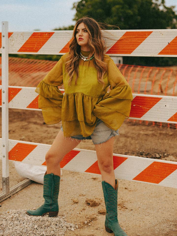 LTB 798 MOSS - LILLIAN RUFFLE SHEER TOP for wholesale by LADY THE BRAND