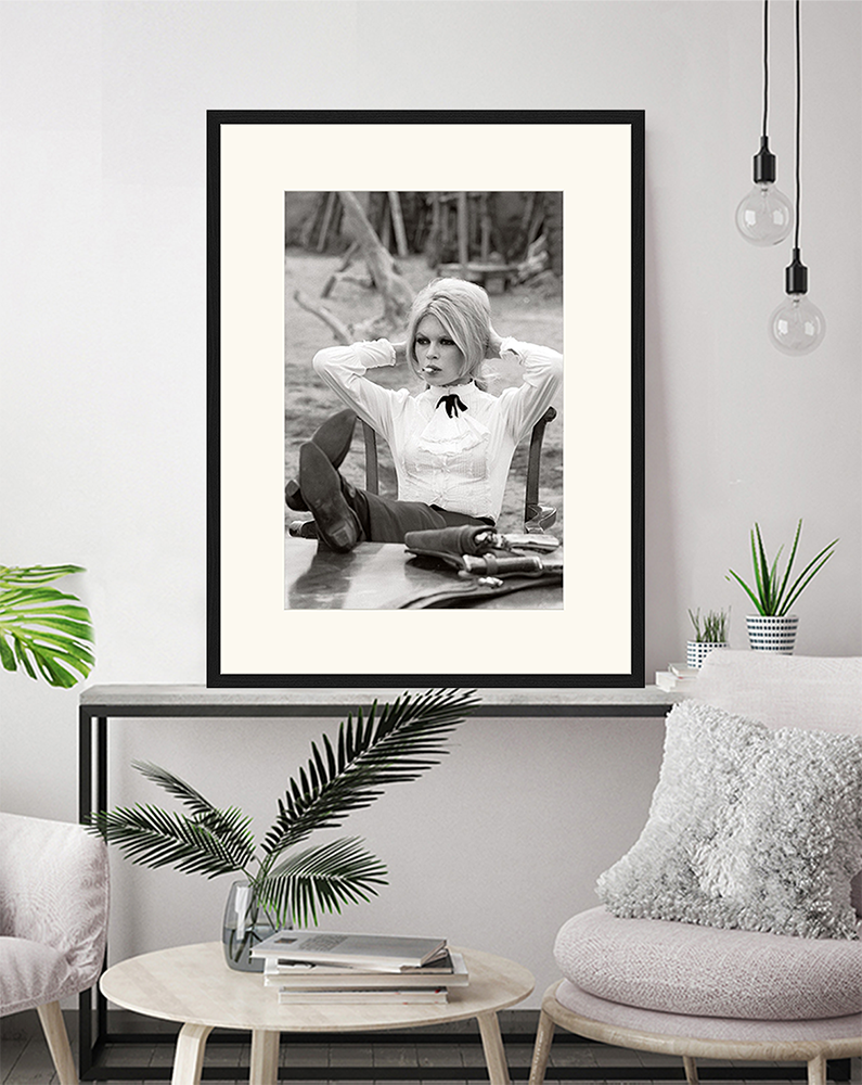 Black Brigitte Bardot on Set. Wall art print with frame. for wholesale on Faire13