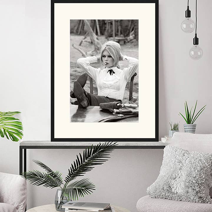 Black Brigitte Bardot on Set. Wall art print with frame. for wholesale on Faire13