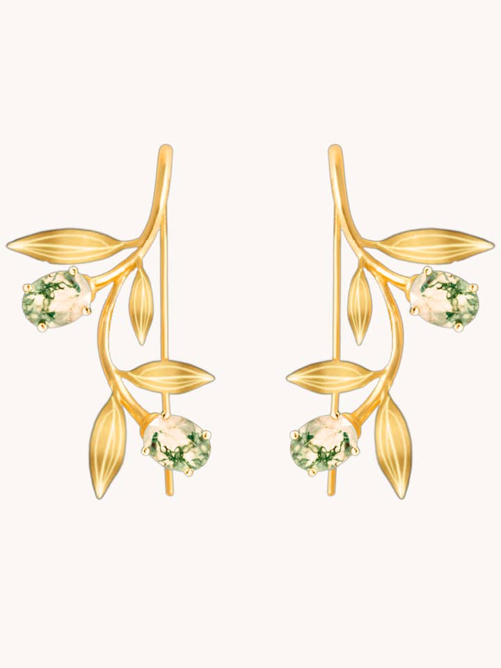 Gold Drop Earrings Olive Branch Green Moss–Gift for wholesale by Gratinsta