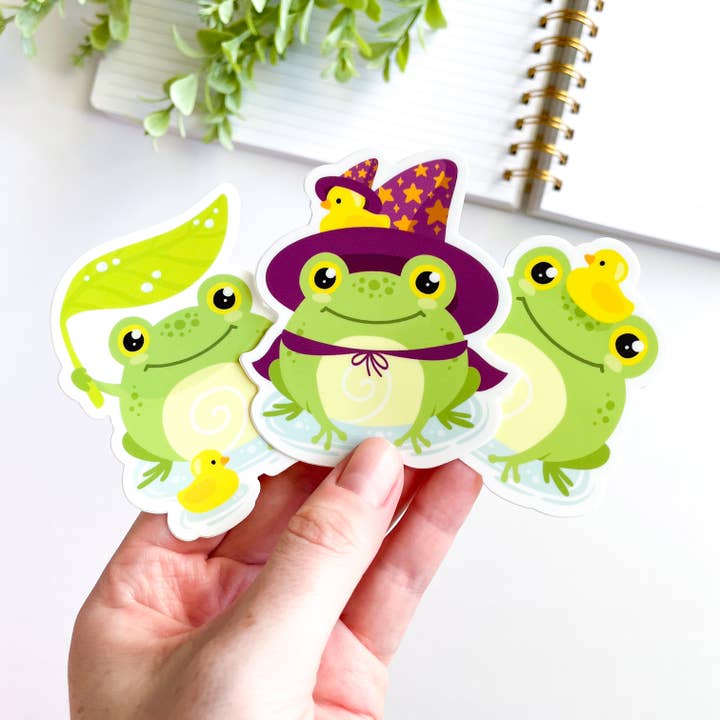 Cute Puddle Frog and Duck Waterproof Matte Vinyl Sticker for wholesale by Studious Owl Press