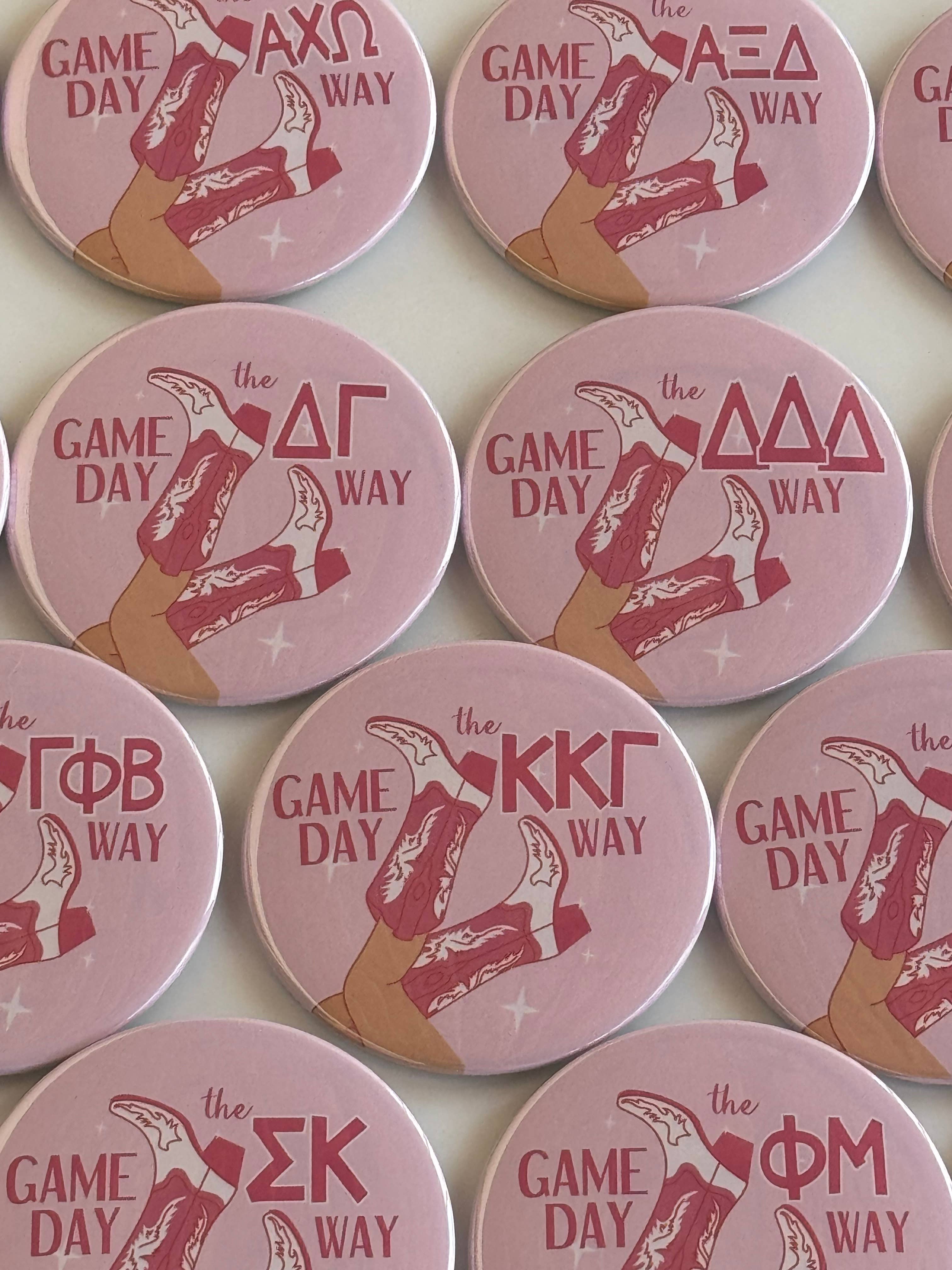 Buttongirl99 - Wholesale Lapel Pin/Button - Sorority 3" Button - Pink Boots1