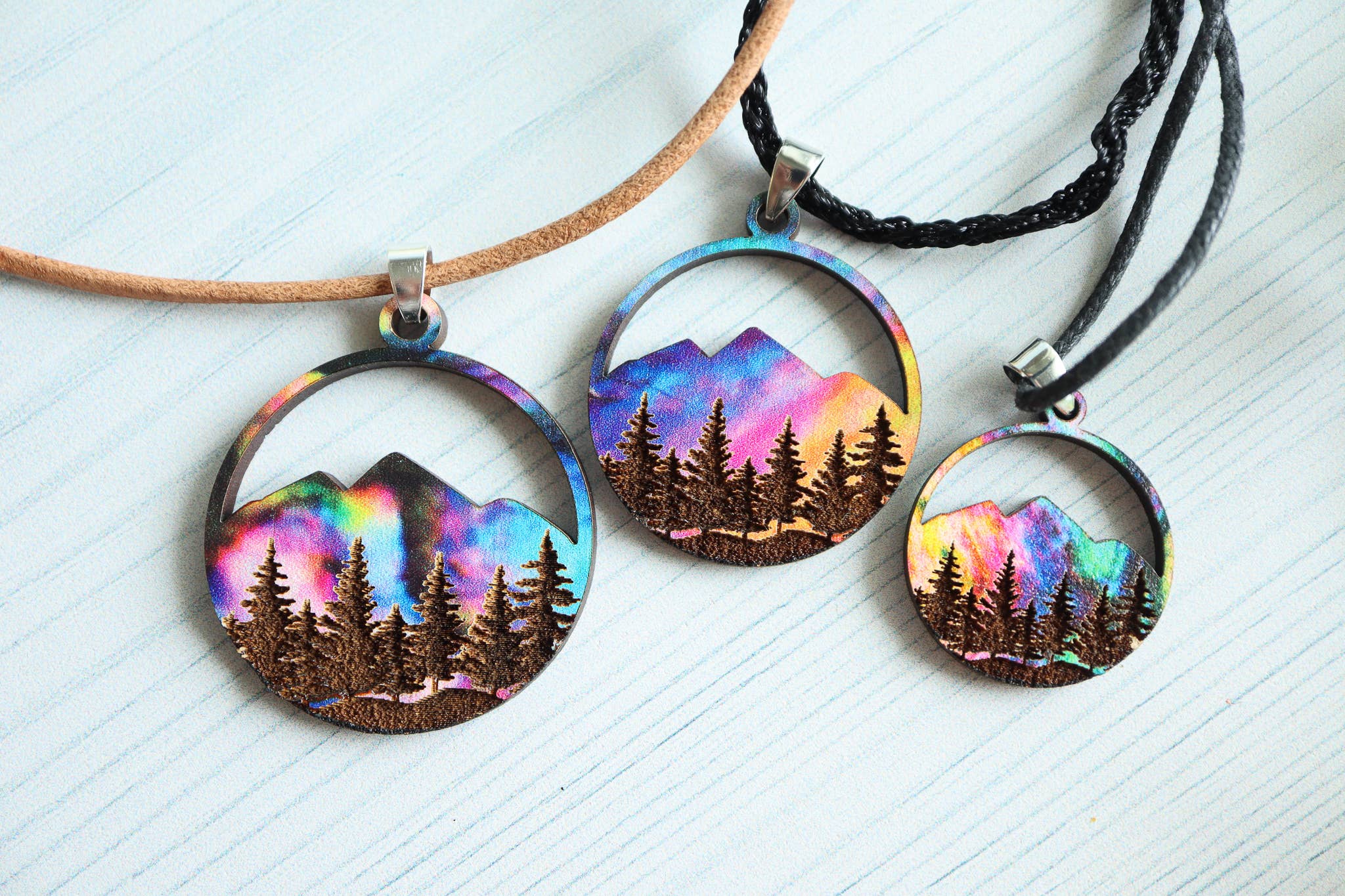 Nine Mile Creative - Wholesale Pendant/Charm Necklace - Aurora Mountains Wood Pendant Adjustable Necklace10