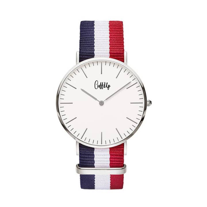 Cuffup-klocka med blått, vitt och rött band för wholesale av cuffupstyle