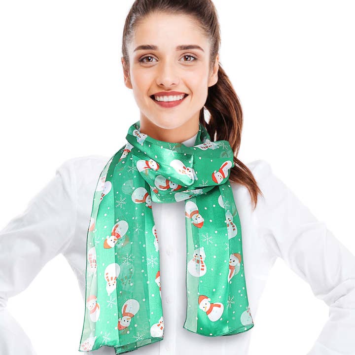 Cube Enterprise - Wholesale Scarf - Women's - Snowflakes & Snowman Winter Theme Scarf - Silk Feeling Scarf