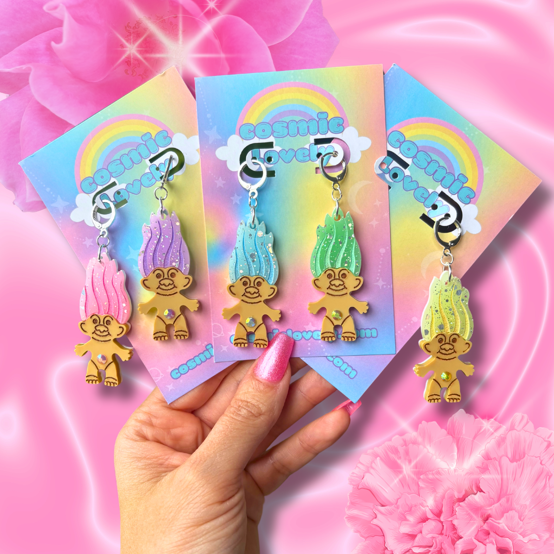 Cosmic lovely – wholesale Hängande örhängen – Pastell regnbåge konfetti vår trollörhängen0