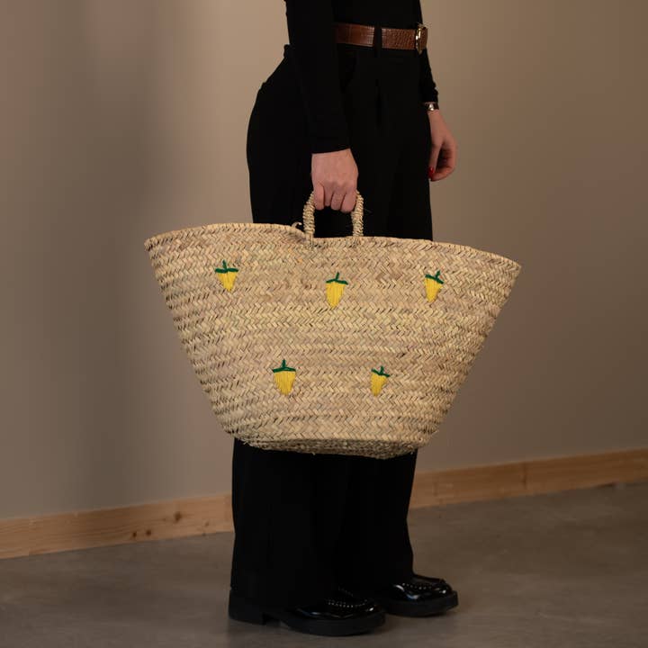 Zitronen-Korb aus handbesticktem Palmblatt, 40 cm für den Großhandel von Collection Maroc