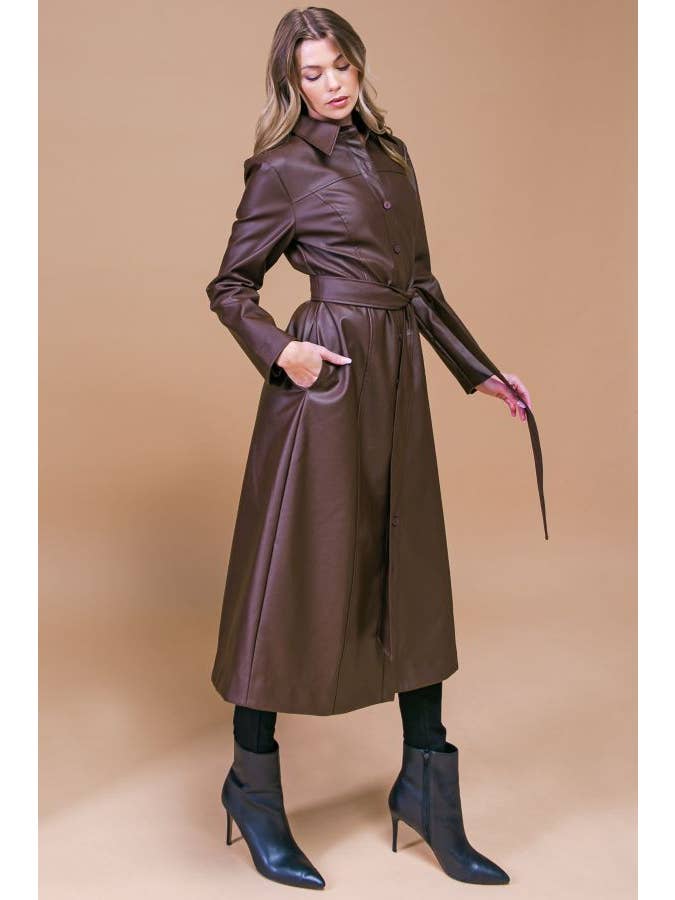Brown A faux leather midi coat - IJ10209 for wholesale on Faire3