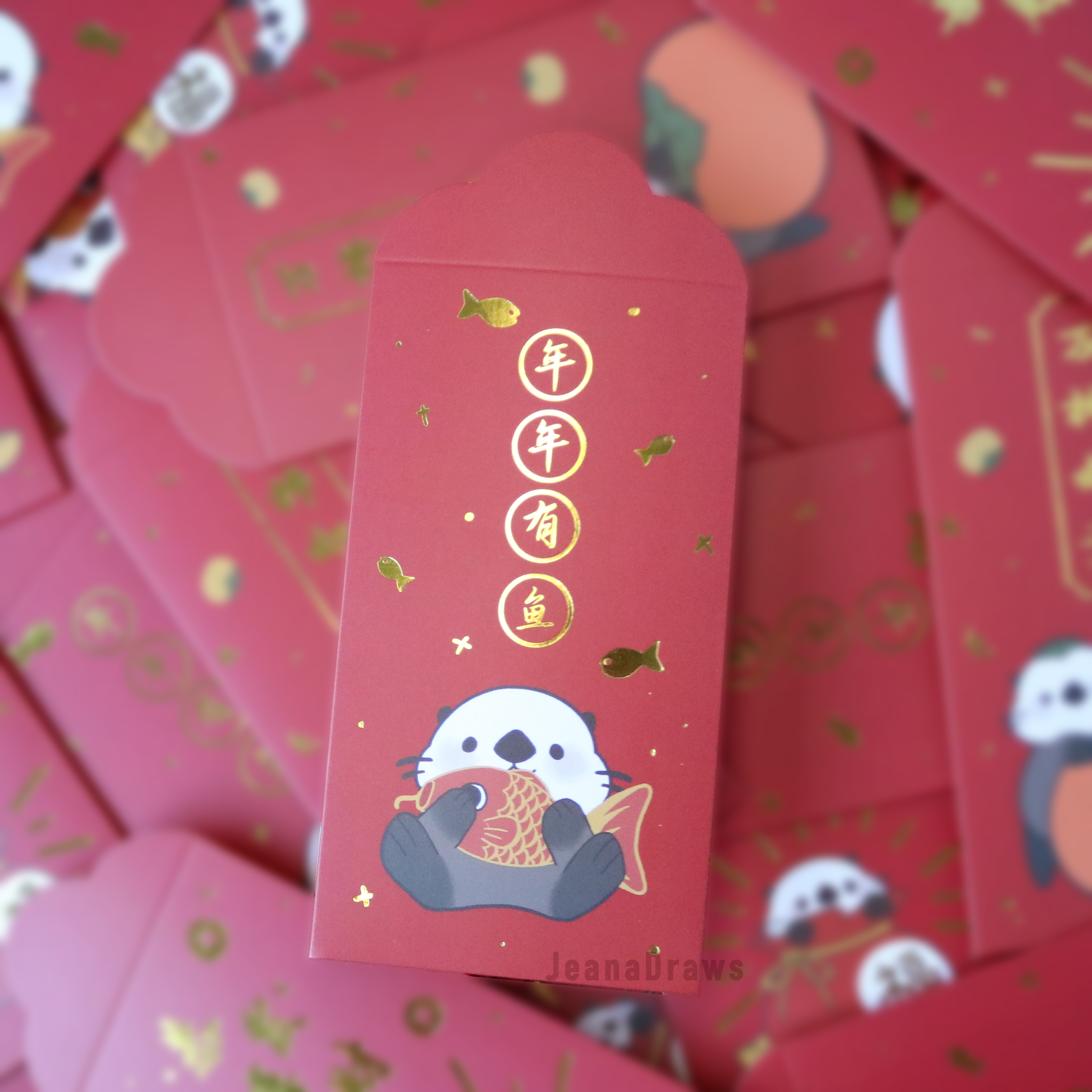 JeanaDraws - Wholesale Stationery/Notecard Set - Otter Red Envelopes (Hong Bao/Li Xi)4
