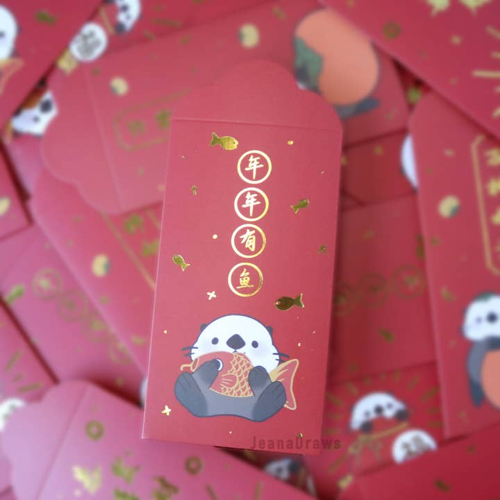 JeanaDraws - Wholesale Stationery/Notecard Set - Otter Red Envelopes (Hong Bao/Li Xi)4