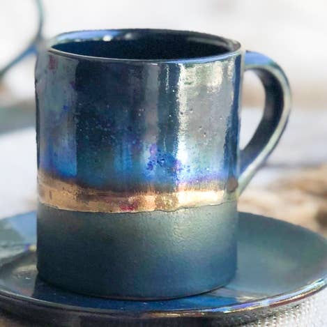 Los Artisans - Vente Tasse à café - Tasse à espresso/café turc noire avec bande dorée et nuances de bleu0