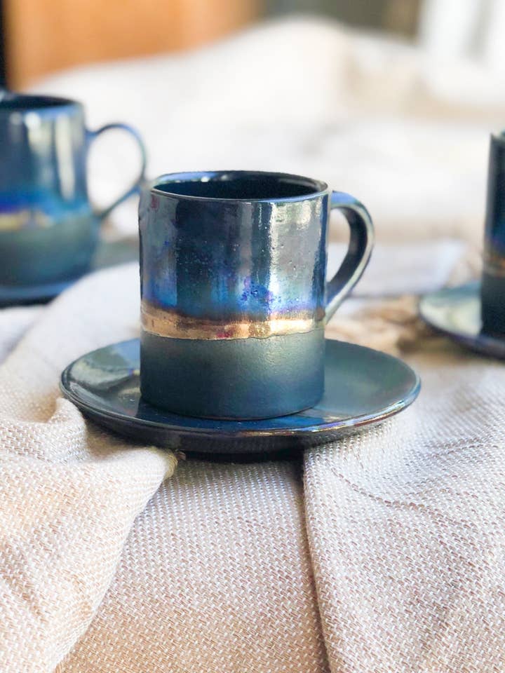 Black Coffee/Espresso Cup with Gold Stripe & Shades of Blue for wholesale by Los Artisans