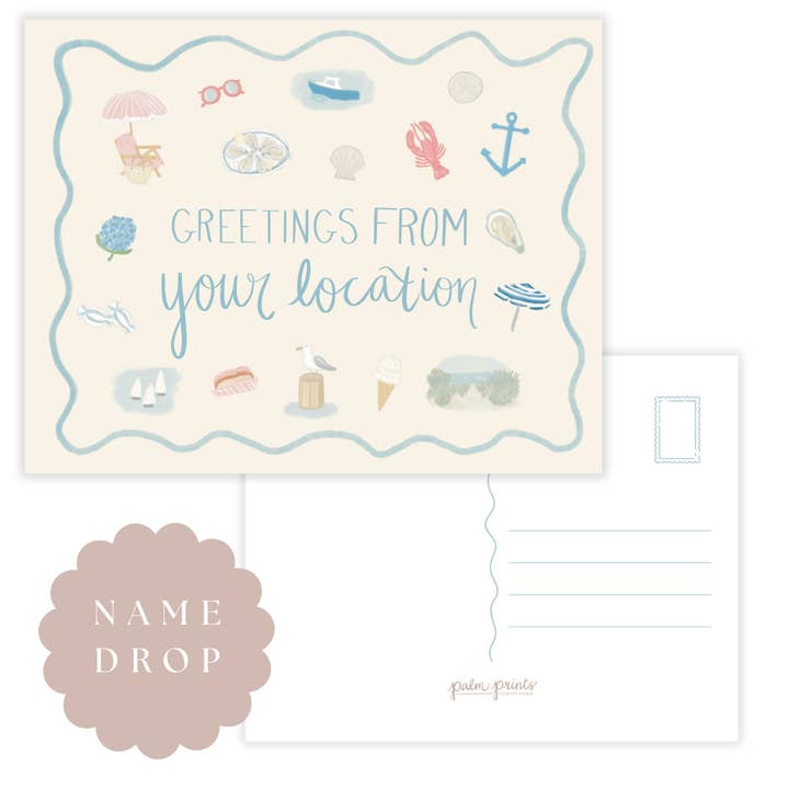 Coastal 'Greetings From' Watercolor Icon Name Drop Postcard for wholesale by Palm Prints