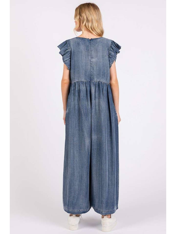 JEANS MACACÃO DE PERNA LARGA COM MANGA DE CAMBRAIA LAVADO para venda a revendedores na Faire2