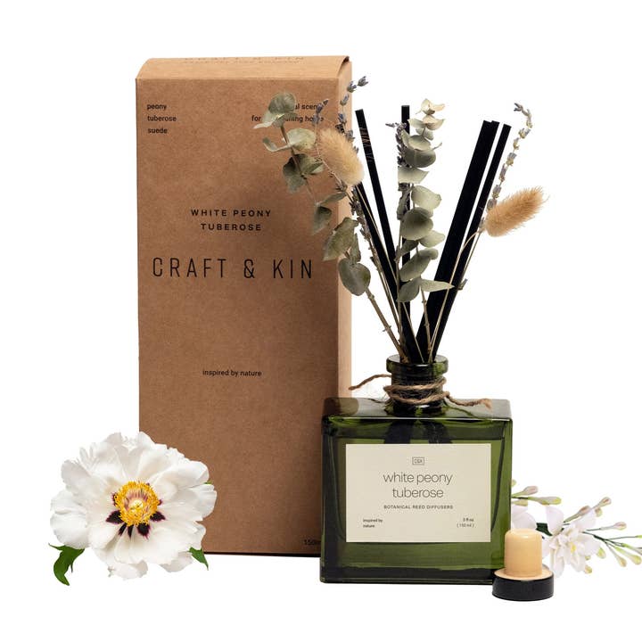 White Peony Tuberose Reed Diffuser with Flowers for wholesale by Craft & Kin