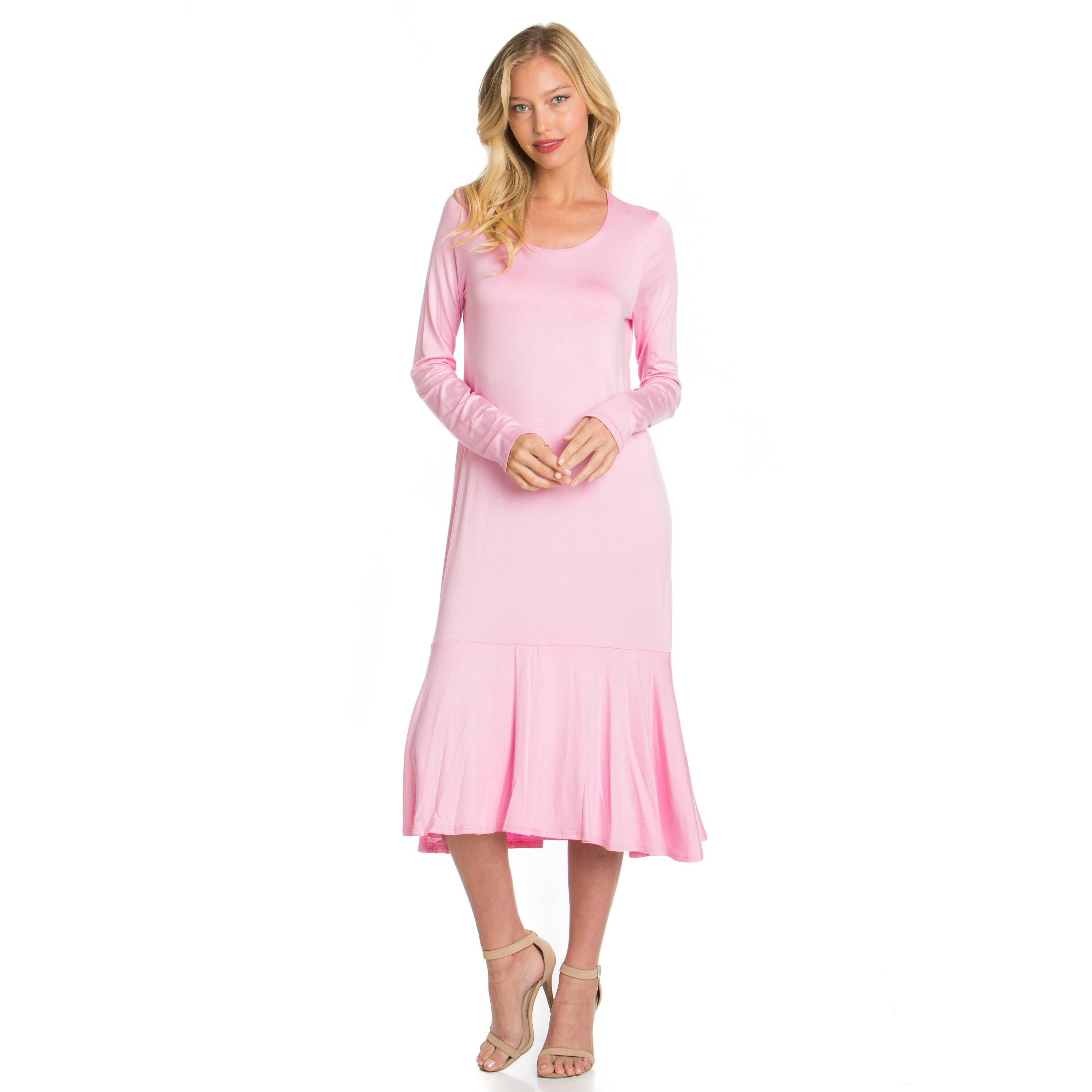 Azules Clothing - Wholesale Dress - Women's - ADM-8258RS Ruffle Hem Long Sleeve Midi Dress18