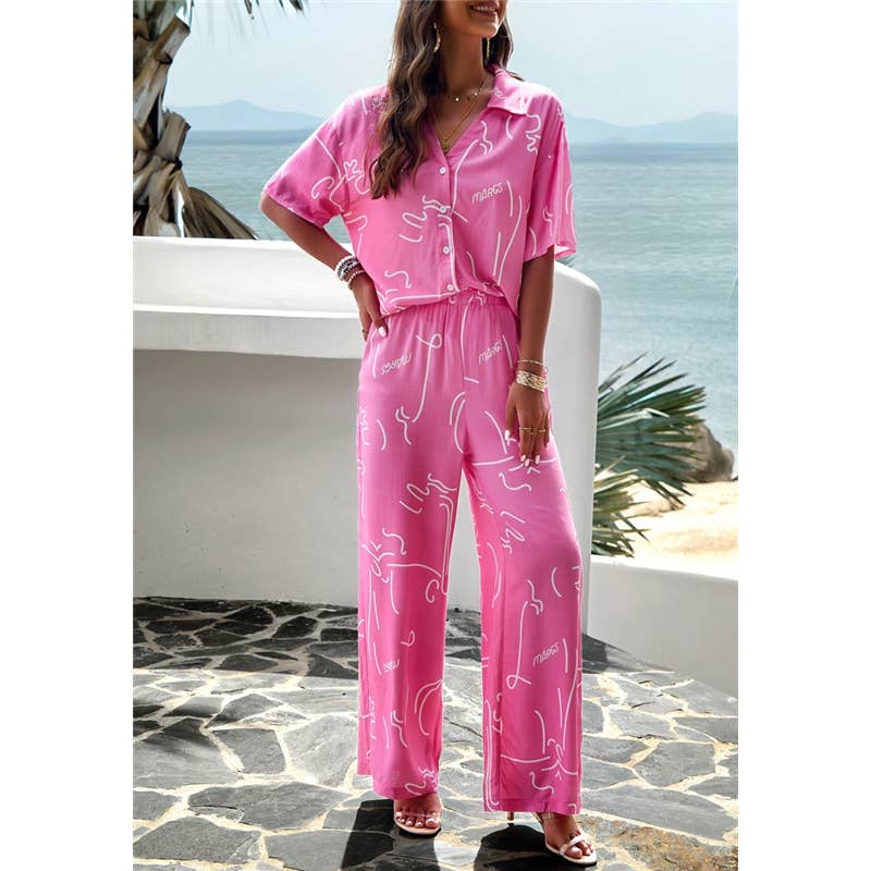 FurDecoration – Großhandel Loungewear-Set – Damen – Kurzarmanzug mit geometrischem Aufdruck am Revers3