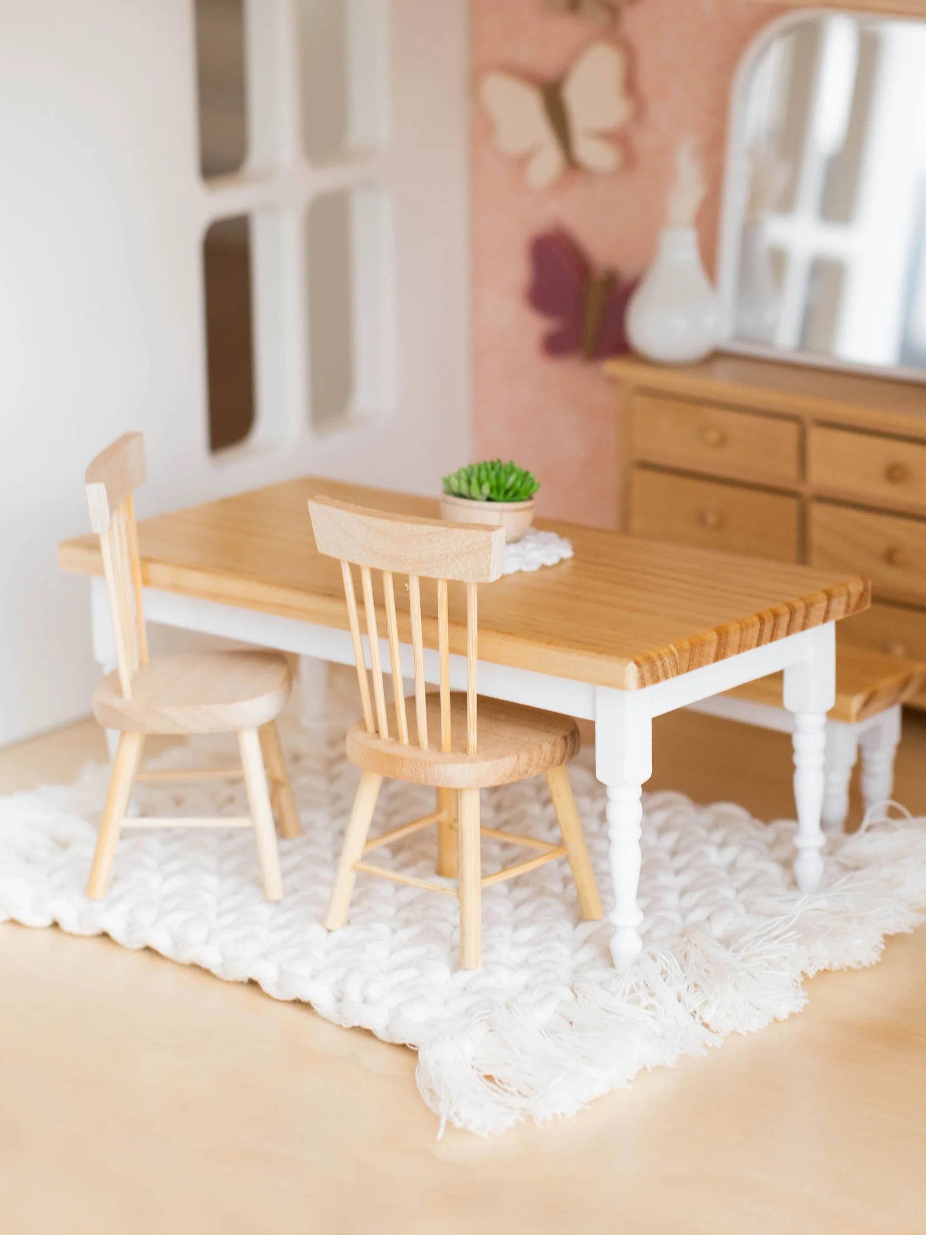Macy Mae Dollhouse Designs - Wholesale Doll - Kids - Dollhouse Farm Style Dining Table | Natural Wood & White1