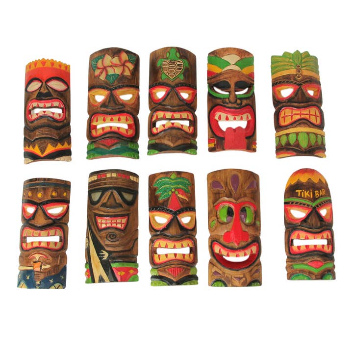 Zeckos - Wholesale Sculpture - Set of 10 Hand Carved Wood Polynesian Tiki Masks 10 Inches
