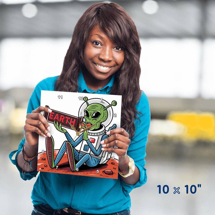 3dRose - Wholesale Wall Clock - 3dRose, Funny Cute Martian Space Alien on Mars eating Earth Candy Bar Satire, Wall Clock3