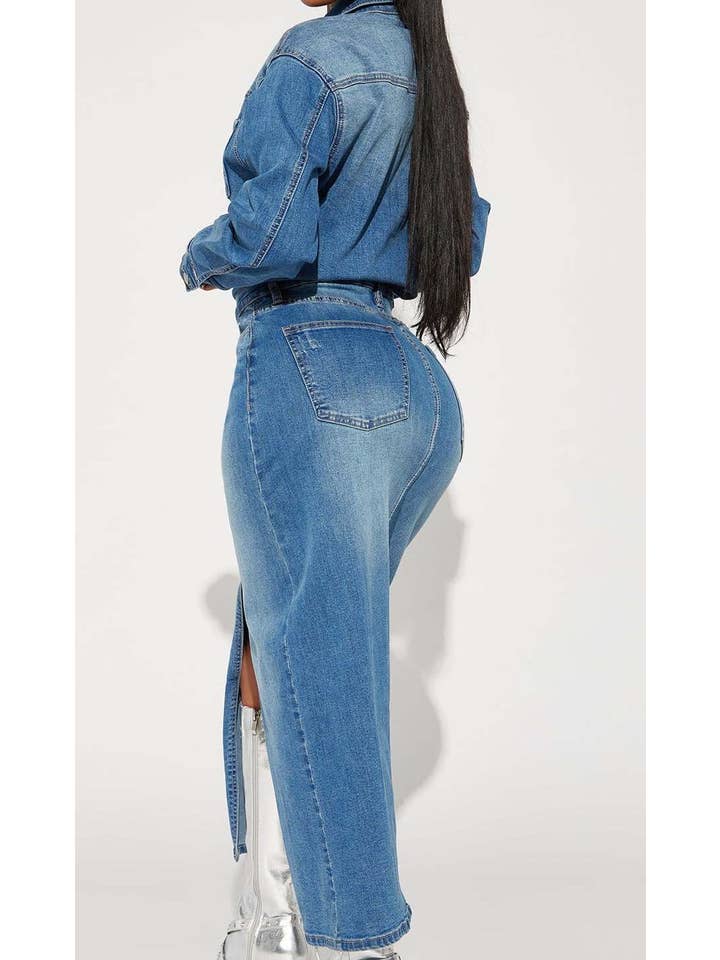 Blue long sleeved denim trench coat cardigan denim cape dress for wholesale on Faire