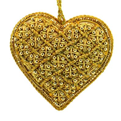 Handgemaakte, geborduurde Zari kerst- en valentijnsornamenten voor wholesale door Silk Road Traders