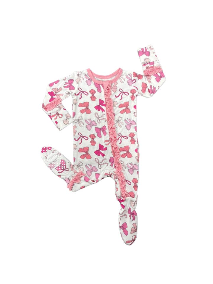 Macaron + Me - Wholesale Sleepsuit – Baby - Pink Bows Ruffle Footsie