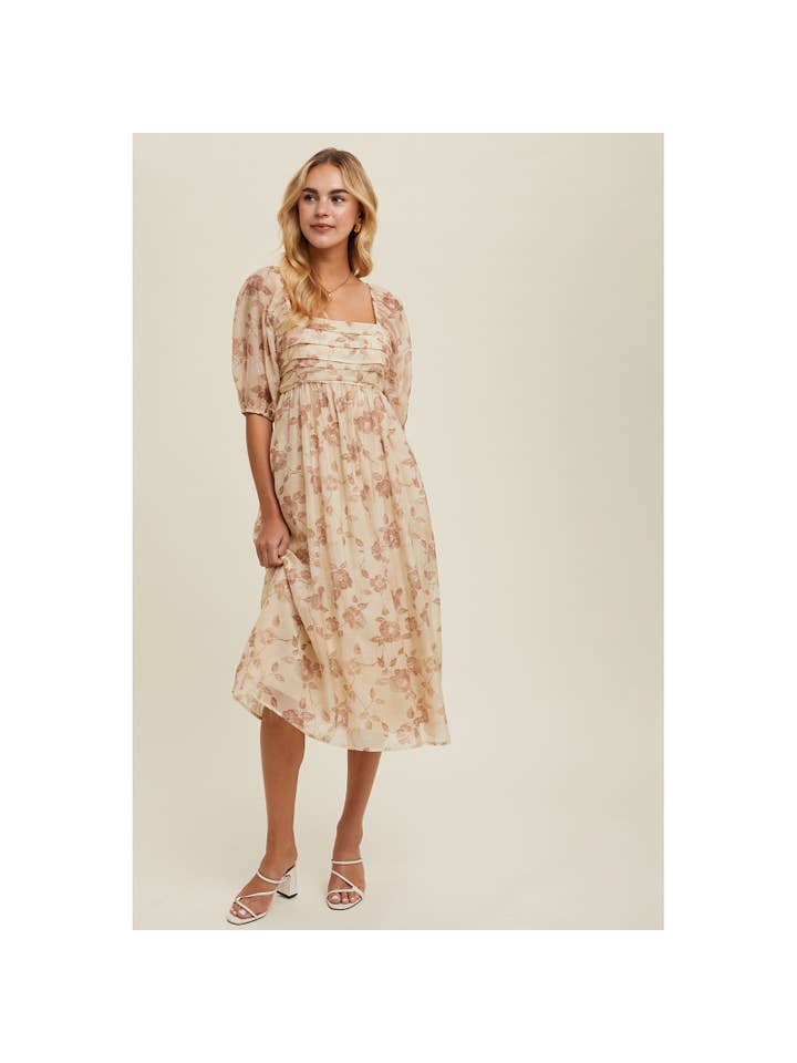 Wishlist Apparel - Venta al por mayor Vestido - Mujer - VESTIDO MIDI CON DETALLE DE BUSTO PLISADO FLORAL/WL24-9358
