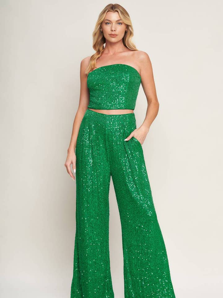 Ensemble haut et bas à sequins - IT12569-SET VERT pour la vente par FLYING TOMATO