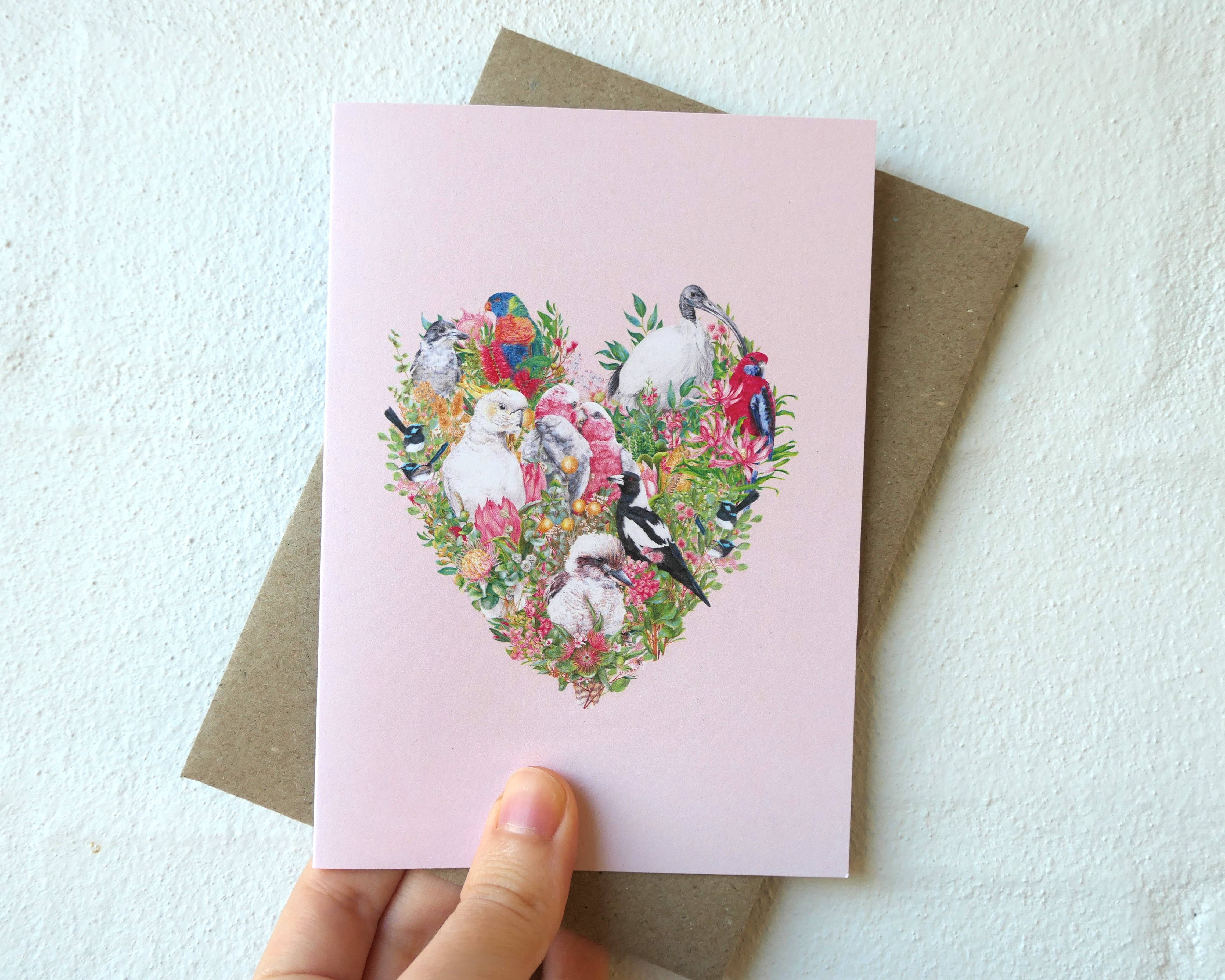 Kayla Reay Design - Wholesale Everyday Greeting Card - Australian Birds Heart Greeting Card (Pink Collection)2