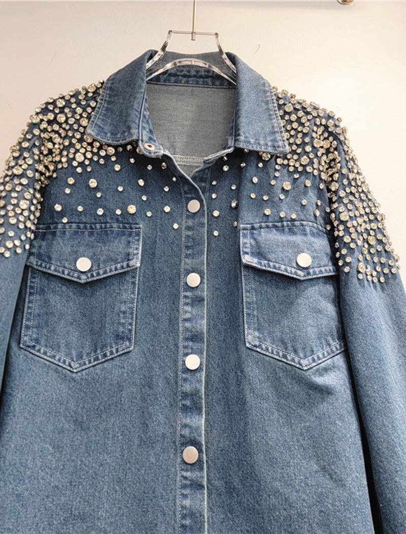 BLUE Embellished Oversized Denim Shirt for wholesale on Faire1