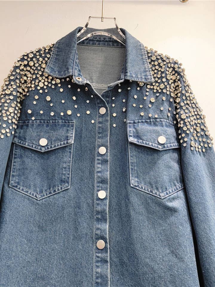 BLUE Embellished Oversized Denim Shirt for wholesale on Faire1