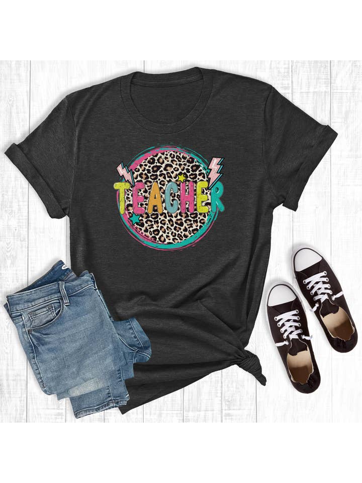 Rebel Rose - Wholesale Screen Printed T-Shirt - Women's - Leopard Circle Teacher Charcoal