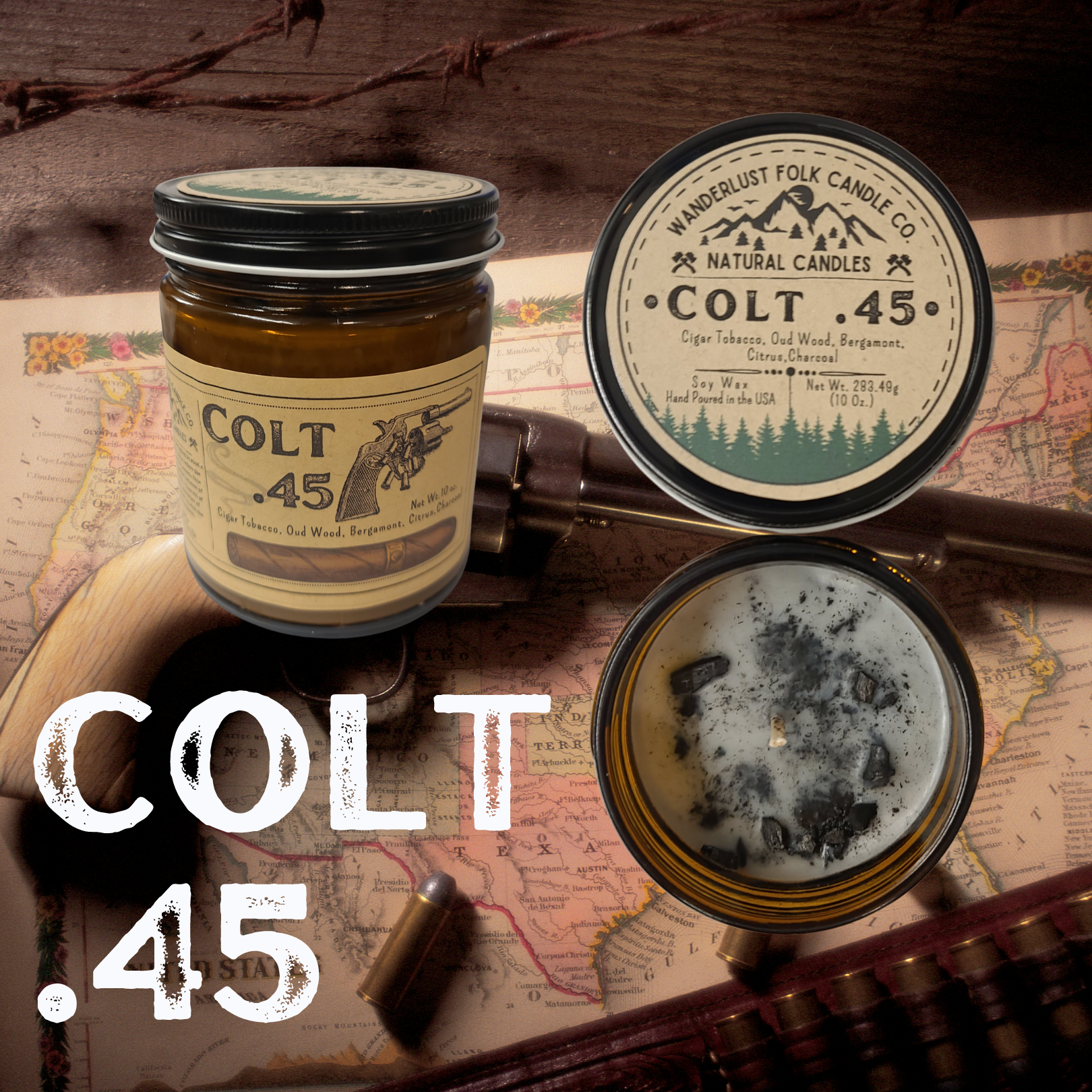 Wanderlust Folk – wholesale Jar/filled candle – Colt .45 Themed - USA MADE - Soy Wax Candles1