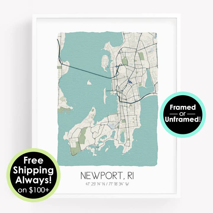 Newport Rhode Island Map - Watercolor City Map Print for wholesale by Sparks House Co.