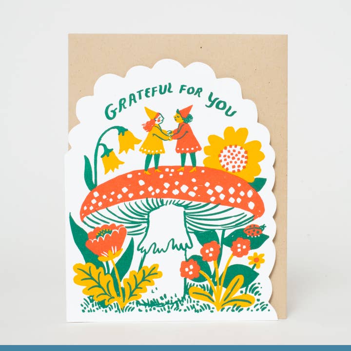 Grateful Gnomes Letterpress Greeting Card by Phoebe Wahl for wholesale by Egg Press Manufacturing