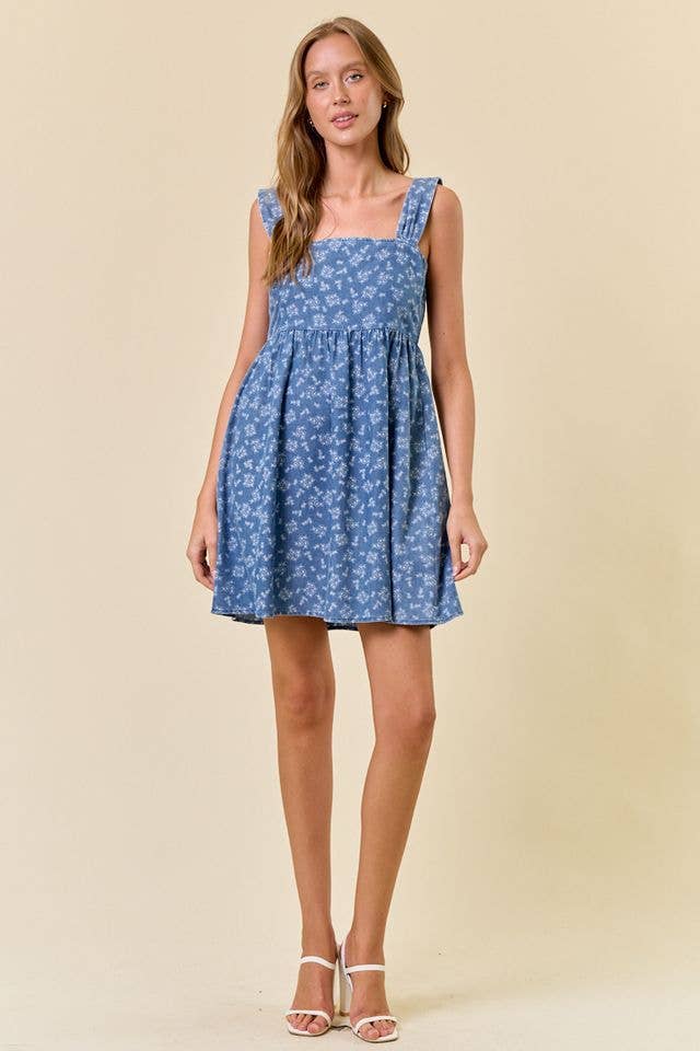 Doe and Rae - Wholesale Dress - Women's - Floral Chambray Denim Mini Dress - 27995D9