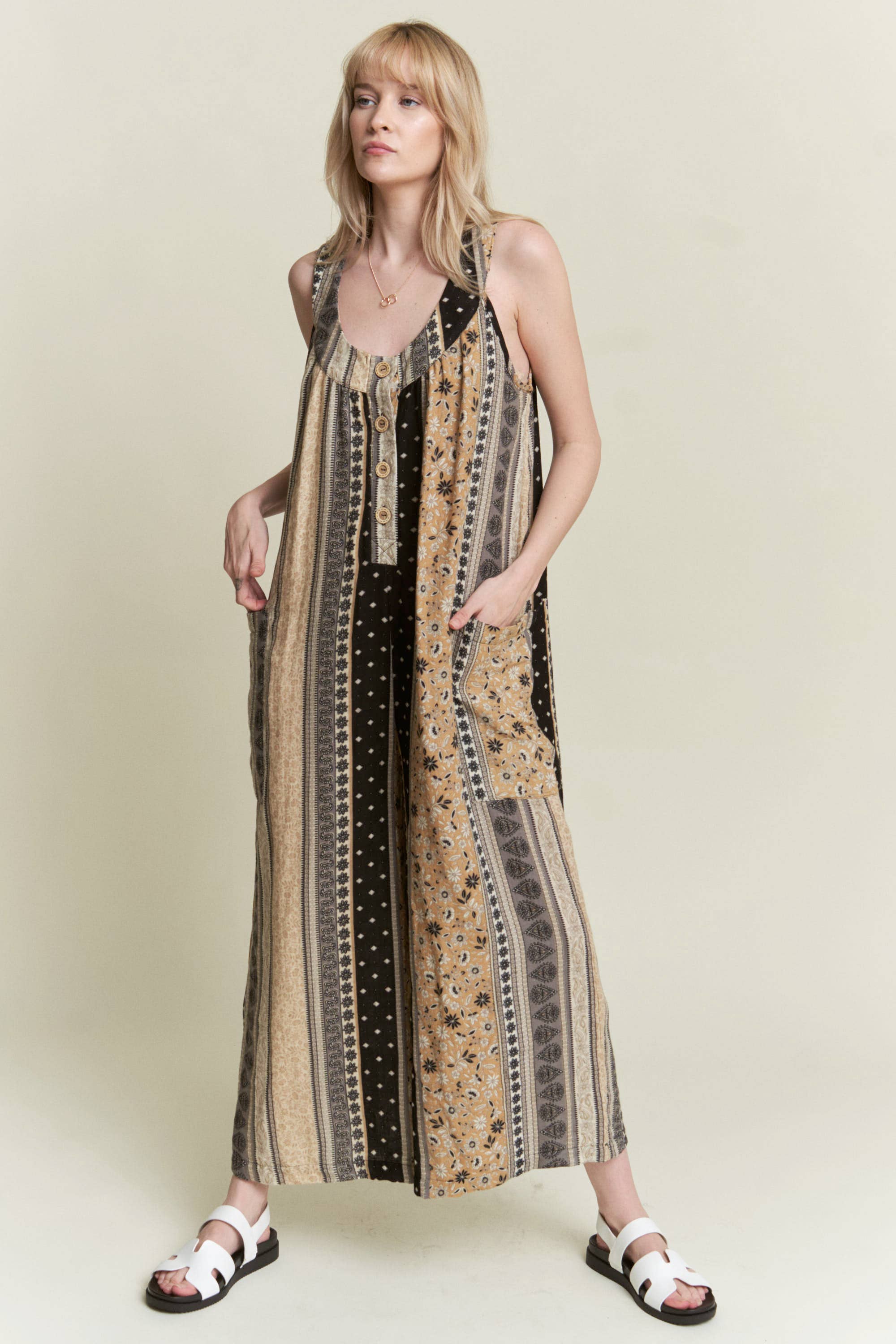 JADE BY JANE – Engroshandel Jumpsuit - Dame – ÆRMELØS FARVEBLOK BLOMSTERPRINT JUMPSUIT MED LIGE BEN0