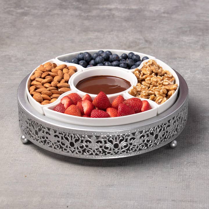 Amalfi Decor - Wholesale Serving Tray - Round Serving Tray with 5 Ceramic Dishes - Silver4
