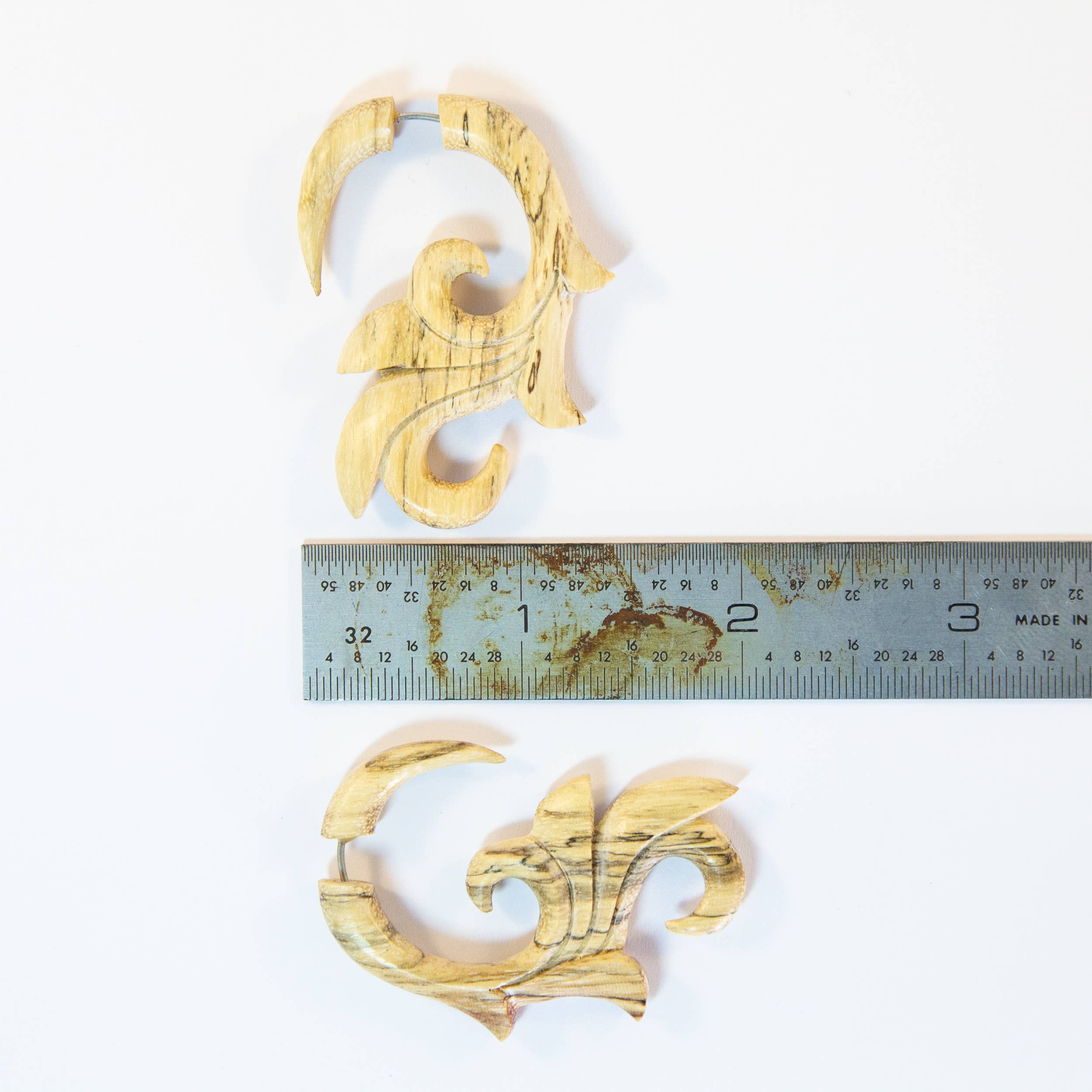 Ajmer by Jodi - Wholesale Dangle Earrings - Wood Fleur de Lis Faux Gauges ~ Fake gauged, carved wood6