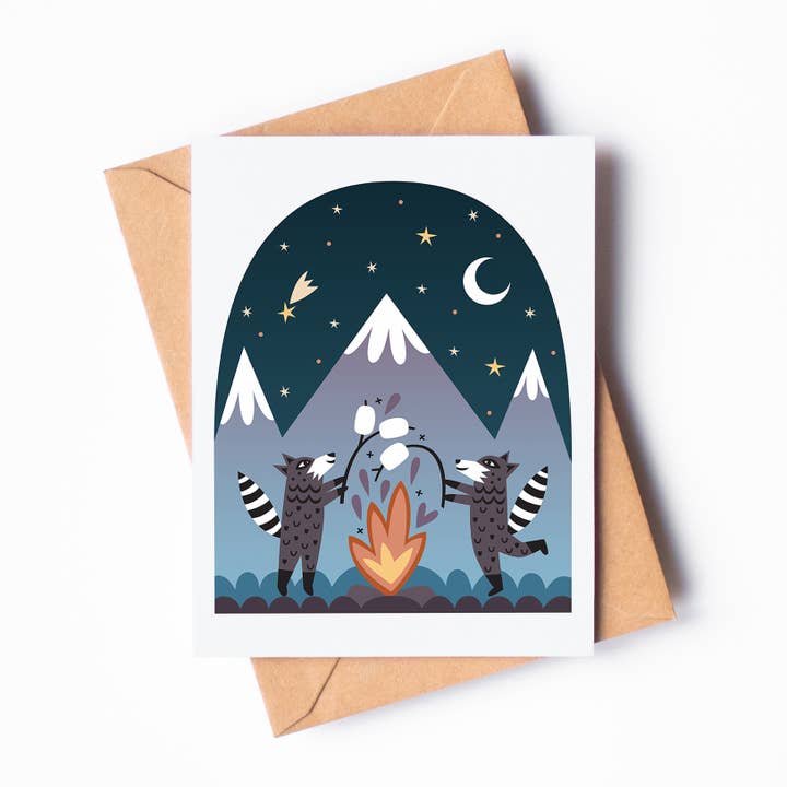 Campy S'more Raccoons A2 Blank Greeting Card for wholesale by Allie Ogg