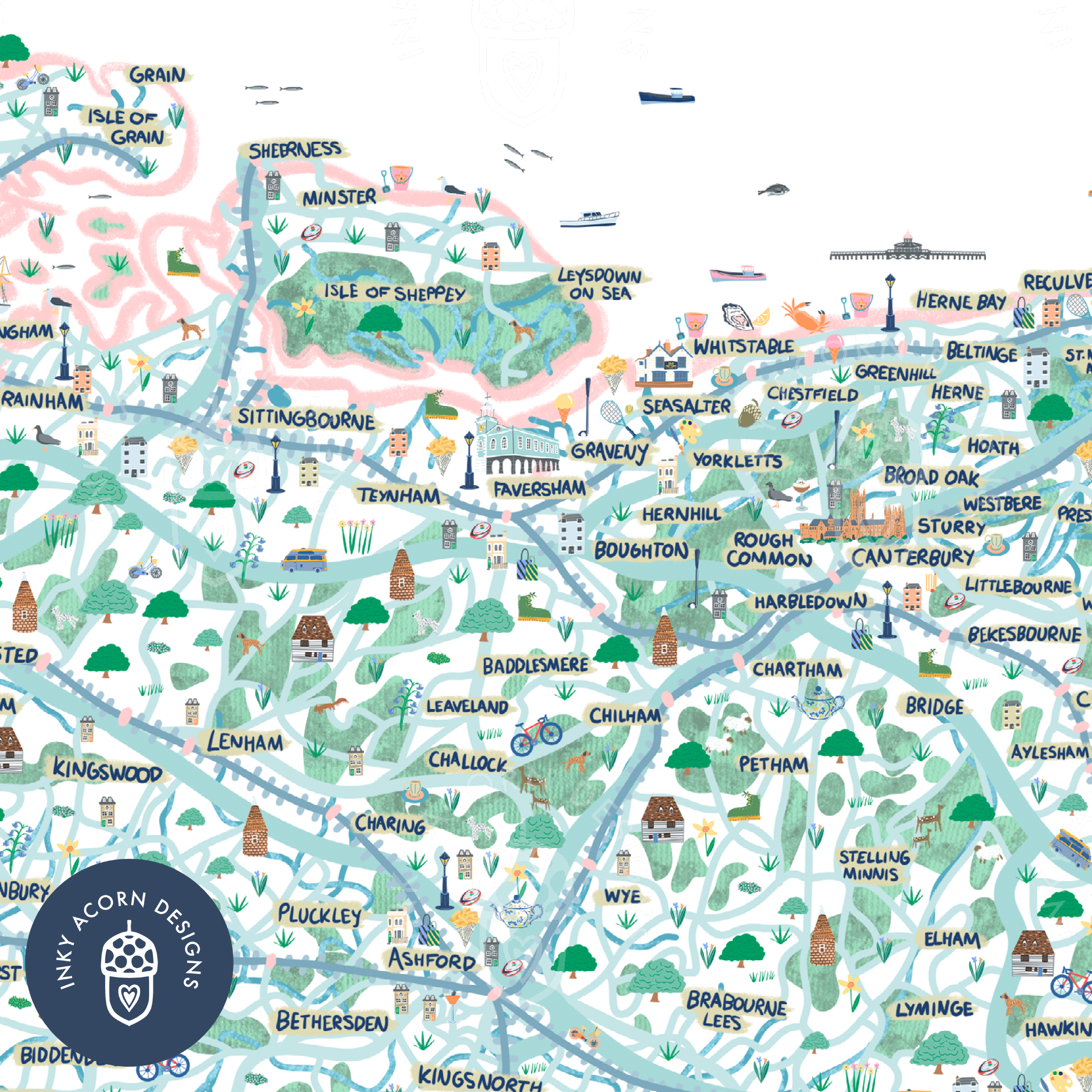 Inky Acorn Designs - Wholesale Art Print - Kent Illustrated Map Signed Art Print2