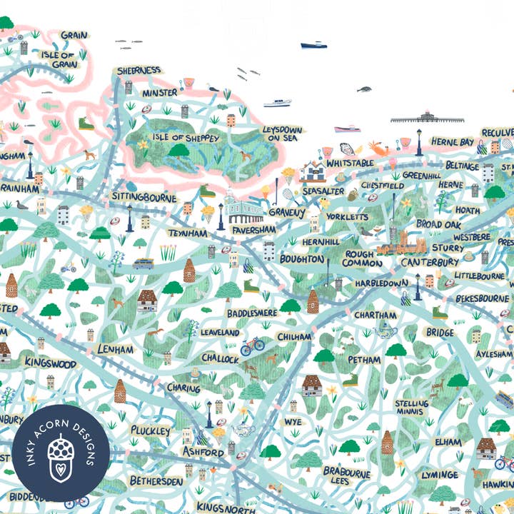 Inky Acorn Designs - Wholesale Art Print - Kent Illustrated Map Signed Art Print2