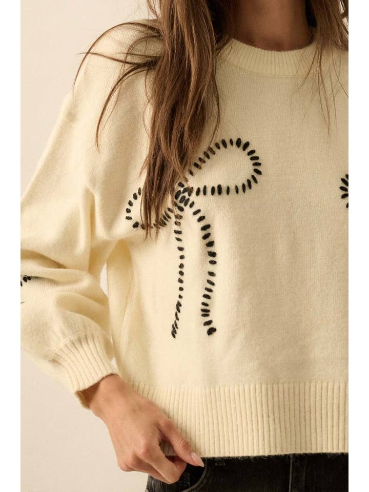 Promesa USA - Wholesale Knit Sweater - Women's - Solid Bow-Embroidered Bubble-Sleeve Sweater4