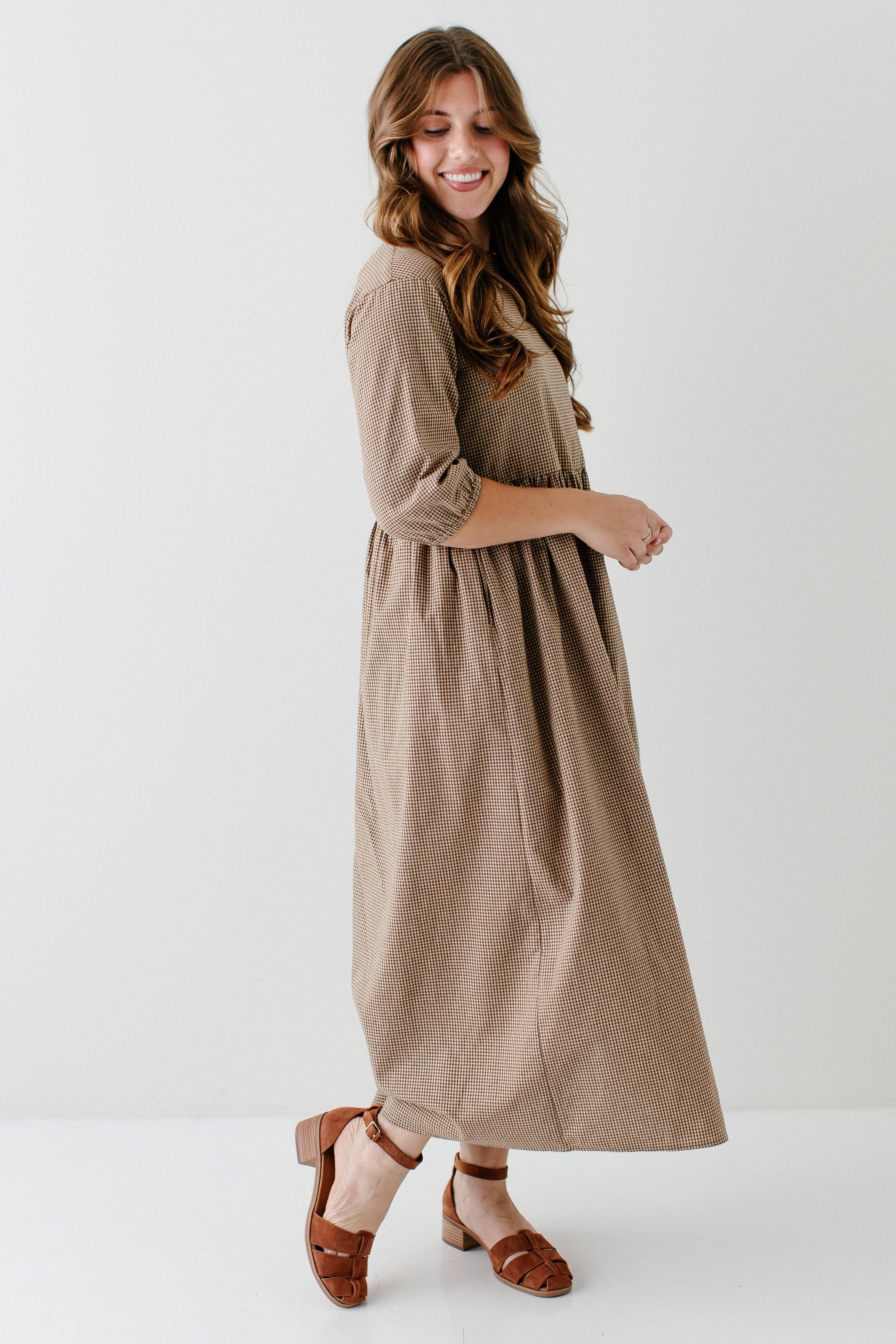 Brown 'Beth' Cotton Gingham Maxi Dress for wholesale on Faire2