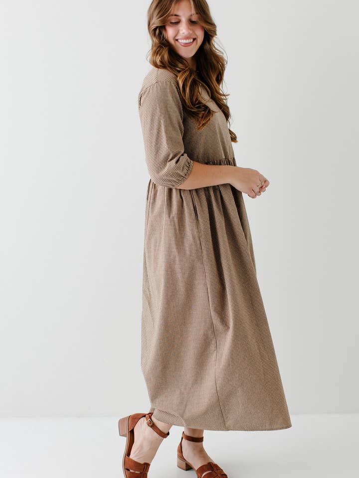 Brown 'Beth' Cotton Gingham Maxi Dress for wholesale on Faire2
